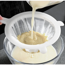 Fijne nylon zeef met handvat (maaswijdte 400), plastic keukenzeef voor olie, sap, melk, sojadrank, wijn en koffie.