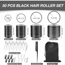 Conjunto de 50 rolos de cabelo autoaderentes, 4 tamanhos de 25 a 60 mm com presilhas de aço inoxidável para todos os comprimentos de cabelo.