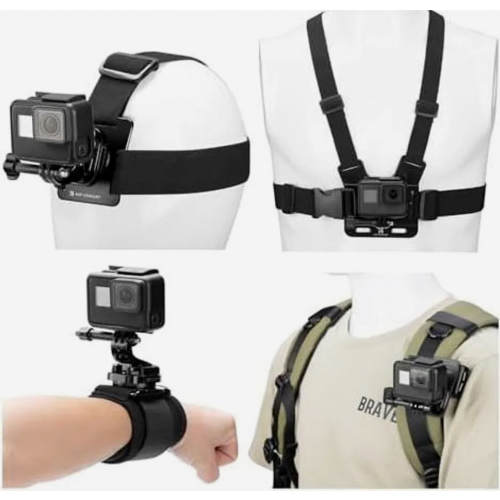 Action Camera Accessory Kit with Chest Mount, Backpack Strap, Shoulder Harness, Rotating Head Strap and Wrist Strap