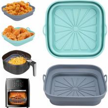 Set van 2 siliconen bakvormpjes voor de airfryer, herbruikbare vierkante bakvormen voor magnetron en oven, blauw en grijs