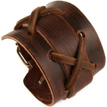 (Braun) HZMAN Men's Genuine Leather Bracelet Punk Adjustable Braided Wristband Black
