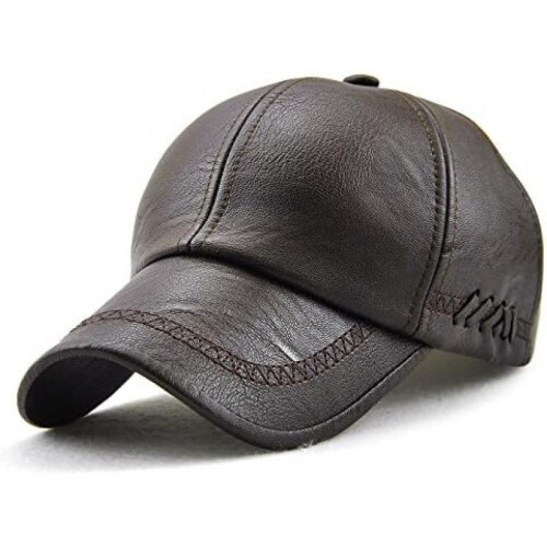 (Einheitsgröße, Dunkelbraun) Ueither Men's PU Leather Baseball Cap Adjustable Classic Plain Hat for Fall Winter Black