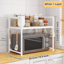 Étagère de support pour micro-ondes, Organisateur de comptoir robuste avec crochets, Blanc, 2 Tiers