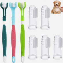 Juego de 8 cepillos de dientes para perros, cepillos de dedo para mascotas y cepillos de triple cabezal para perros pequeños y gatos.