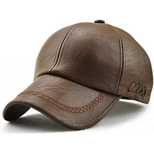 (Einheitsgröße, Hellbraun) Ueither Men's PU Leather Baseball Cap Adjustable Classic Plain Hat for Fall Winter Black