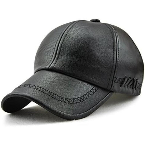 (Einheitsgröße, Schwarz) Ueither Men's PU Leather Baseball Cap Adjustable Classic Plain Hat for Fall Winter Black