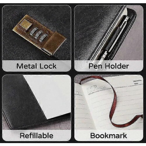 Diary with lock, A5 PU leather journal with lock 240 pages, Vintage lock journal password protected notebook black 2