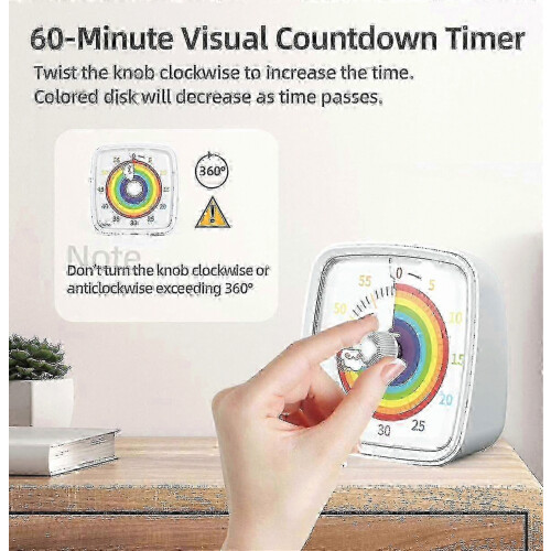 60-Minute Visual Timer with Night Light and Rainbow Pattern, Pomodoro Countdown for All Ages 1