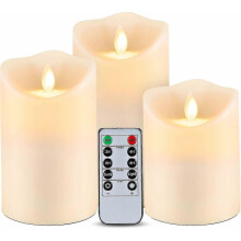Set Of 3 Flickering Flameless Candles, Outdoor Indoor Operated Led Candles With Remote Timers, Won't Melt, Moving Flame, Ivory Frosted Plastic, D