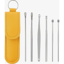 6 Piece Stainless Steel Ear Wax Removal Tool Set with Storage Pouch, Reusable Orange Ear Cleaner