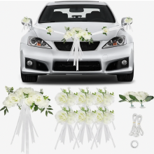 White Wedding Car Bonnet Decoration Set with 9 Roses, Suction Cups and Ribbons for Bridal Vehicles