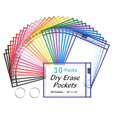 30 Pack Reusable Clear Dry Erase Pocket Sleeves with 2 Rings, Assorted Colour 10 x 14 Inch Ticket Holders for Classroom