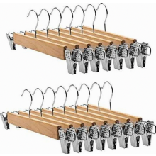 15 Pack Wooden Trouser Hangers with Adjustable Non Slip Clips and Rotating Hooks for Skirts, 35.5 cm