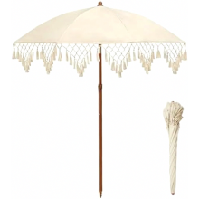 5 ft Boho Beach Umbrella with Fringe, UPF 50+ Tilt Adjustable Outdoor Parasol for Patio Garden Pool