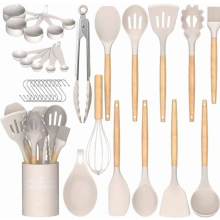33 Piece Silicone Kitchen Utensil Set with Holder, Non-Stick Cooking Tools, Wooden Handles, Khaki