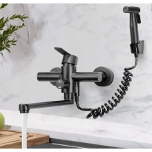 Wall Mounted Kitchen Tap with Spray, 360 Degree Swivel, 3 Spray Modes, 304 Stainless Steel, Black, for G1/2 Connections