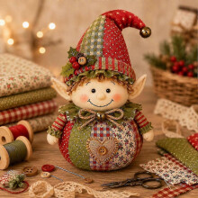 (B) DIY Christmas Patchwork Doll Craft Kit, Retro Floral Fabric Sewing Project, HandStitched Festive Ornament for Mantel Table Xmas Indoor Home Decor