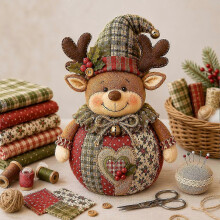(H) DIY Christmas Patchwork Doll Craft Kit, Retro Floral Fabric Sewing Project, HandStitched Festive Ornament for Mantel Table Xmas Indoor Home Decor
