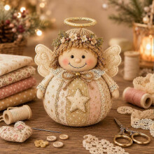 (D) DIY Christmas Patchwork Doll Craft Kit, Retro Floral Fabric Sewing Project, HandStitched Festive Ornament for Mantel Table Xmas Indoor Home Decor