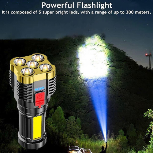 LED Torch Rechargeable, 5 LEDs Torches Super Bright Flashlight with COB Side Lights, 4 Lighting Modes USB Flashlight, Torches Battery Powere 1