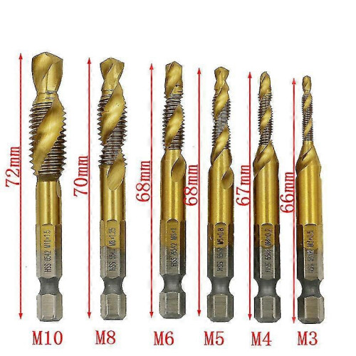 6pcs Set Tap Drill Bits, Hss M3-m10 Titanium Clad Combination 1/4 Metric Hex Thread Tap Drill Bit 1