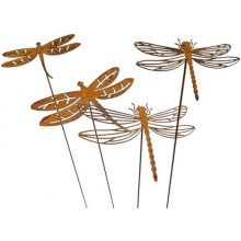 (Rostbraun - 4er Set) Bornhöft Garden Dragonfly Stakes, Set of 2, Rusty Metal, Garden Decoration Iron Flower Bed Insert