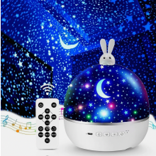 Projetor de céu estrelado para bebês com luz noturna, música via Bluetooth, controle remoto e rotação de 360 graus, compatível com USB.