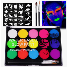 UV Kids Face Paint Set, 15 Colour Washable Body Paint Palette with 2 Brushes and 32 Tattoos for Halloween