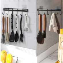 2 Pack No Drill Kitchen Utensil Hanging Rail, Black Organizer Rack with 6 Hooks for Kitchen or Bathroom