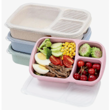 Set van 4 bento lunchboxen, 3 compartimenten, tarwestro, voedselbereidingscontainer, voedselbewaarcontainer, plastic, geschikt voor magnetro