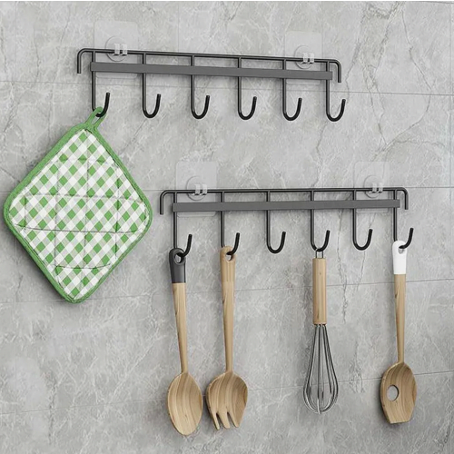 2 Pack No Drill Kitchen Utensil Hanging Rail, Black Organizer Rack with 6 Hooks for Kitchen or Bathroom 1