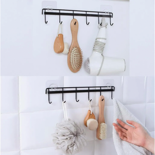 2 Pack No Drill Kitchen Utensil Hanging Rail, Black Organizer Rack with 6 Hooks for Kitchen or Bathroom 2
