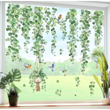 Lot de 3 stickers muraux suspendus pour fenêtre, avec feuilles vertes, plantes et oiseaux, pour la décoration de vos fenêtres.