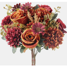 Boeket van 2 kunstmatige chrysanten en rozen van zijde, oranje nep-herfstdecoratie voor een bruidsvaas.