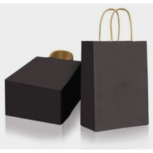 Verpakking van 50 zwarte papieren cadeautasjes met platte handvatten, 15 x 21 x 8 cm, kleine kraftpapieren draagtassen.