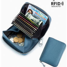 Naisten aitoa nahkaa oleva RFID-lompakko, japanilaistyylinen vetoketjullisella kolikkotaskulla, suuri kapasiteetti, sininen