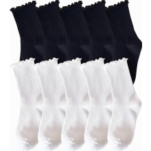 10 Pairs Women's Ruffle Socks, White and Black Cotton Ankle Socks, Breathable Knit Trainer Socks, UK 3-8