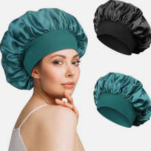 2 Pack Satin Bonnets for Sleeping, Adjustable Silk Caps for Curly Hair, Soft Breathable, Black and Blue