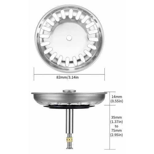 82 mm Kitchen Sink Strainer Plug, Height Adjustable Drain Stopper for 82-84 mm Openings with Two Seals 1