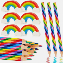 24-delige regenboogpotlodenset met 12 meerkleurige potloden en 12 gummen voor tekenen, school en knutselen