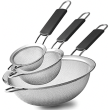 3-delige keukenzeefset met fijne mazen, roestvrijstalen zeven van 8, 16 en 18 cm met antislip siliconen handgrepen.