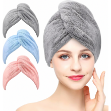 3 Pack Microfibre Hair Towel Wraps with Button, Super Absorbent Turban for Long, Short and Curly Hair, Grey Pink Blue