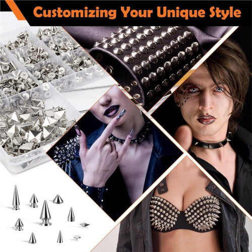543P Punk Spikes and Studs Kit with 8 Size Punk Metal Tree Spikes Studs and 2 Size Pyrami Studs Flat for Leather 1