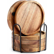 Dessous de verre ronds en bois d'acacia (lot de 6) avec support pour verres, tasses et comptoirs de bar