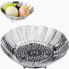 Uitschuifbaar stoommandje van roestvrij staal voor pannen van 18 tot 27 cm, geschikt voor groente- en dumplingkokers.