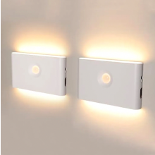 Set van 2 LED-nachtlampjes met bewegingssensor, oplaadbaar via USB, warm wit licht, geschikt voor kasten, trappen en gangen.