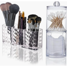 Glazen houder met 3 vakken voor wattenstaafjes en make-upborstels, cosmetische opbergset voor de badkamer.