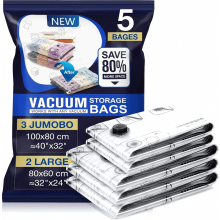 Sacs de rangement sous vide pour couettes et vêtements, lot de 5, 3 sacs jumbo de 100 x 80 cm et 2 sacs larges de 80 x 60 cm