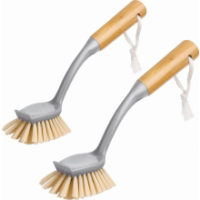 Brosse à vaisselle radiale avec long manche en bambou et grattoir intégré, brosse à récurer pour poêles, casseroles et éviers, lot de 2