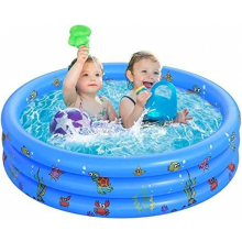 Inflatable Baby Paddling Pool, 3-Ring Toddler Pool with Cushioned Safety Floor, Blue, 100 x 27 cm